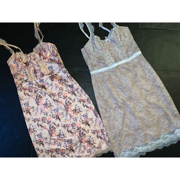 Victoria's Secret S gown slip DRESS Orange blue floral satin White beige lace